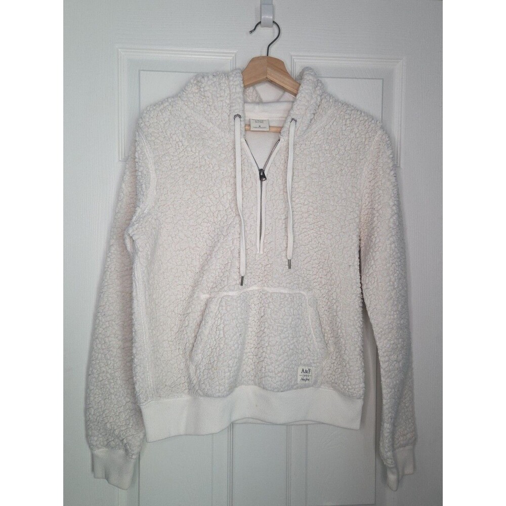 Abercrombie & Fitch Cream Colored Sherpa crop Hoodie 3/4 Zip Kangaroo Pouch Sz M